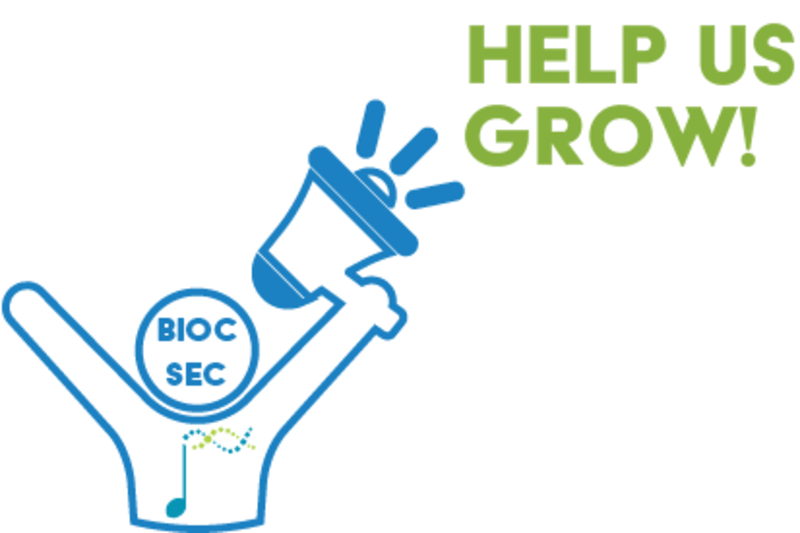 Stick man holding megaphone with text: 'Help us grow!'