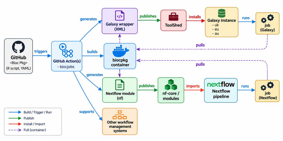 Workflow diagram illustrating the contribution process and automated building and dissemination of Bioconductor tool wrappers across other software ecosystems.